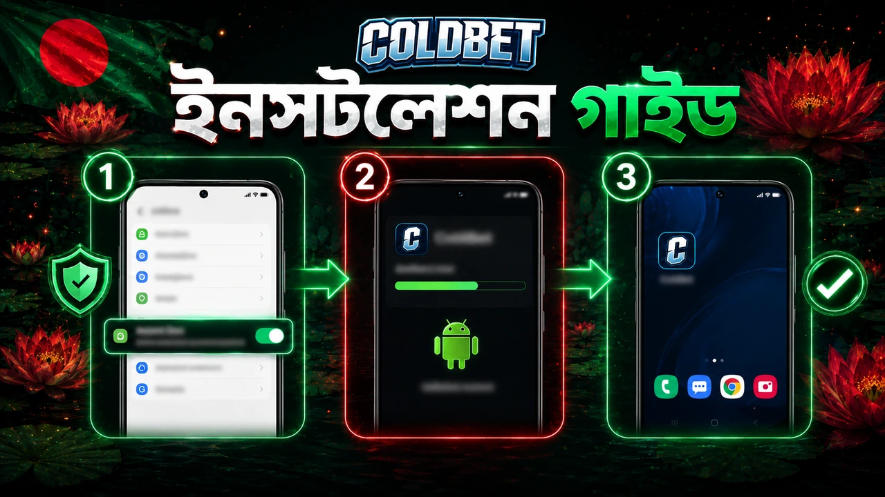 ColdBet এপিকে ইনস্টল ধাপ, সেটিংস থেকে অজানা উৎস চালু, ফাইল ইনস্টল, অ্যাপ খোলা