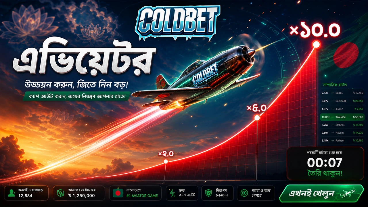 ColdBet Aviator ক্র্যাশ গেম, বিমান উড্ডয়ন, মাল্টিপ্লায়ার গ্রাফ, বিডিটি তে খেলা, অটো ক্যাশ আউট